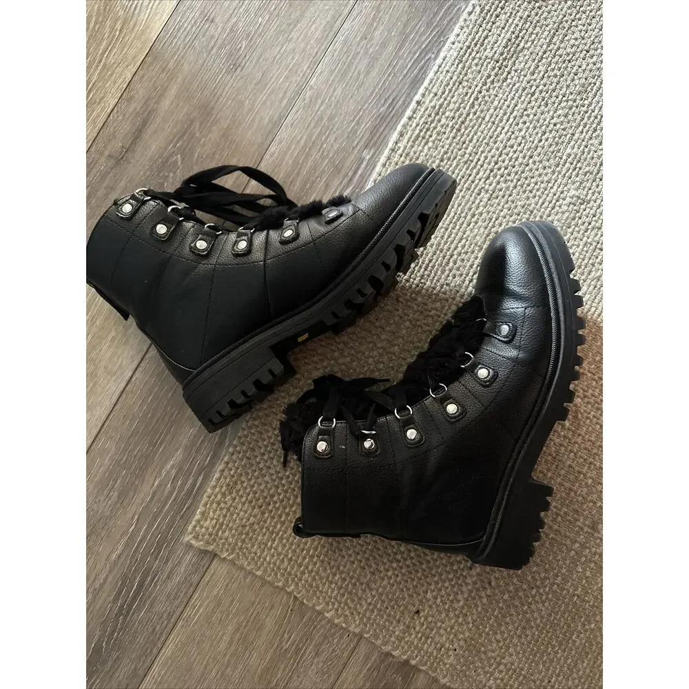 NINE WEST Weaton Fur Shoes 9.5 Black Winter Hiker Lace Up Combat Boots